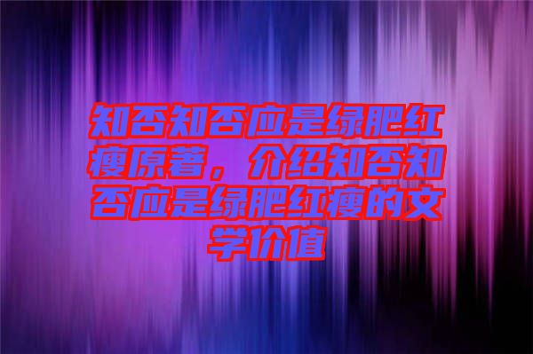 知否知否應是綠肥紅瘦原著，介紹知否知否應是綠肥紅瘦的文學價值